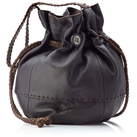 Leather shopping bag and drawstring closure. 